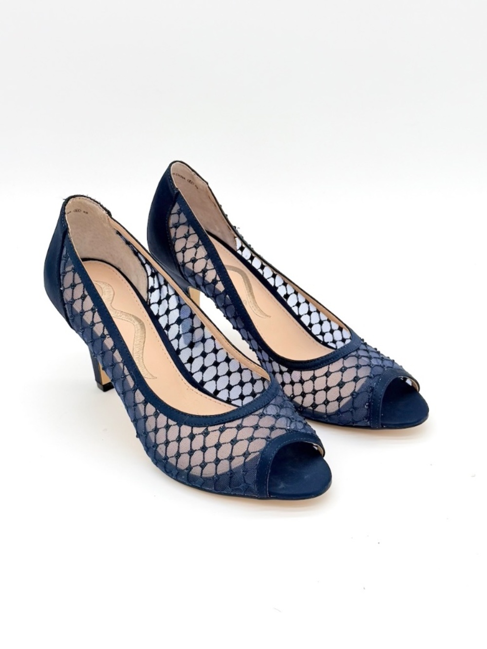 NINA Fanya Womens Navy Blue Mesh Rhinestone Peep Toe Pumps Heels 7 37 Leather